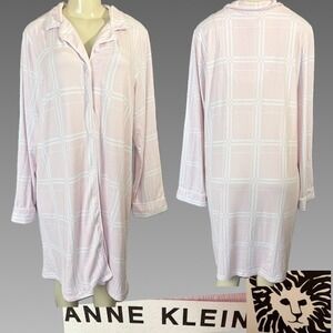 Anne Klein L Pink Window Pane Print Button Down Long Sleeve Sleepshirt Nightgown